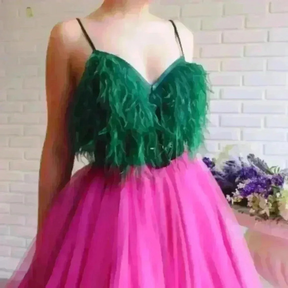 Teuta Matoshi Fuchsia Feather Gown Prom Pageant WBFF FMG - Picture 2 of 4